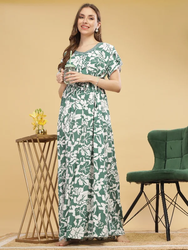 Women's Green Floral Nighty - Rayon V-Neck Maxi Nightdress for Comfort