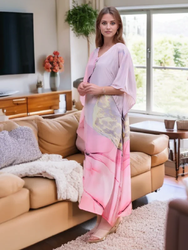 Digital Printed Feather silk Fabric Kaftan Midi Dress