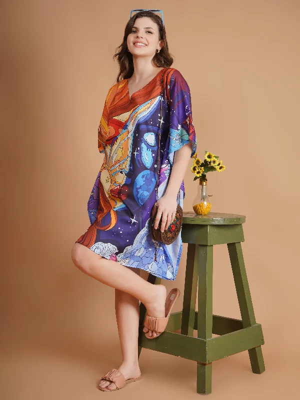 Day and Night Digital Printed Feather silk Fabric Kaftan Midi Dress