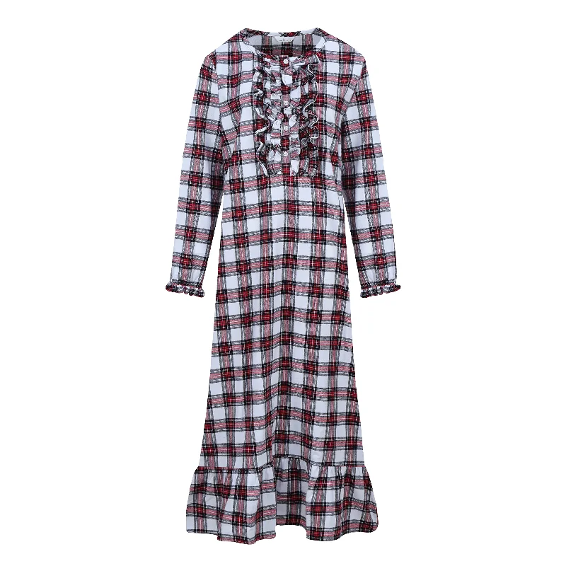 Women's Premium Flannel Long Gown - Red White Black Plaid