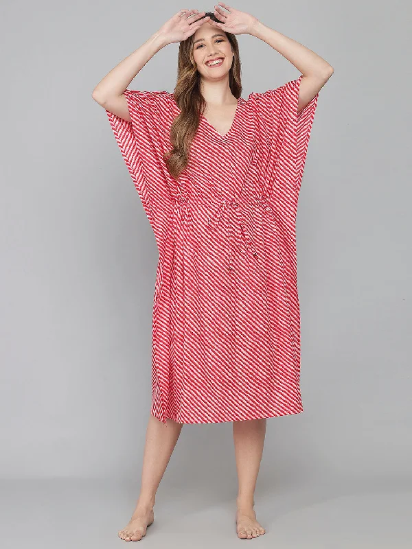 Red and White Leheriya Print Cotton Kaftan