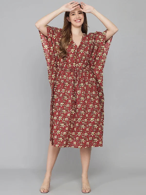 Red Floral Print Cotton Kaftan