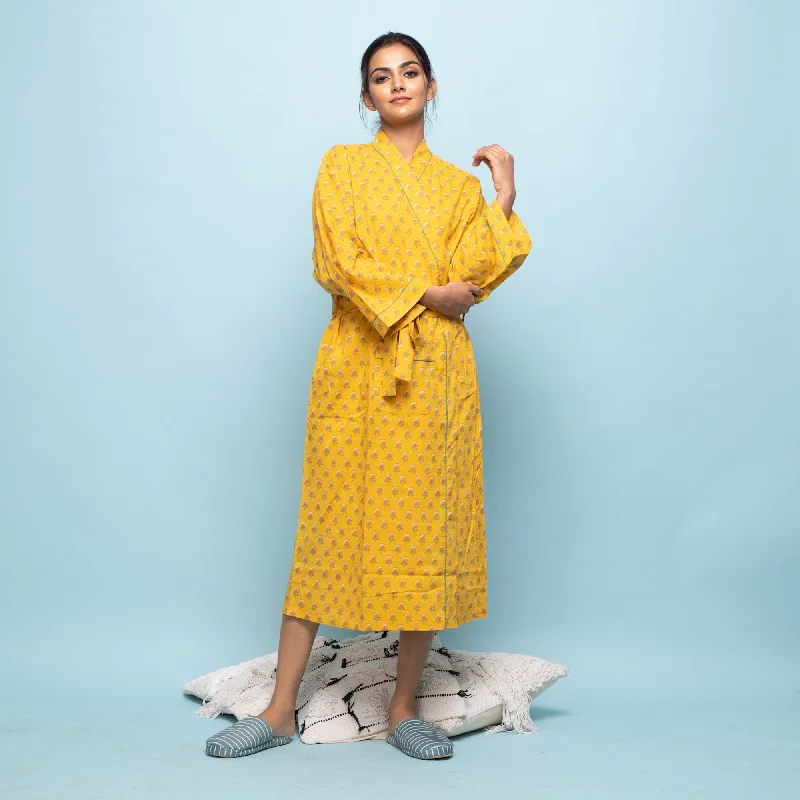 Yellow Cotton Hand printed kimono robe